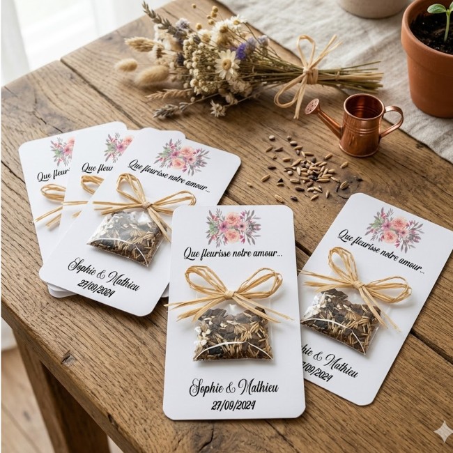 Cadeaux remerciement invités personnalisés - Graines à semer pour Mariage Bohème - Motif Bouquet de fleurs - EP2