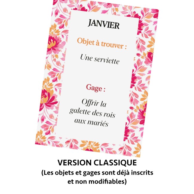 Jeu des 12 mois - Gages mariage, Animation mariage style Bohème - Motif Botanique romantique - EPD