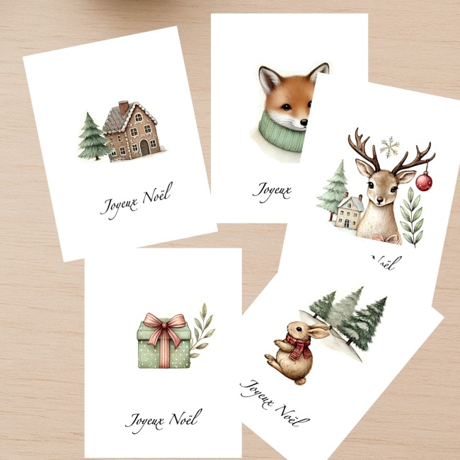 Carte Joyeux Noël - Carte de voeux aux motifs vintages - Style aquarelle - EP1 Carte Joyeux Noël - Carte de voeux aux motifs vintages - Style aquarelle - EP1