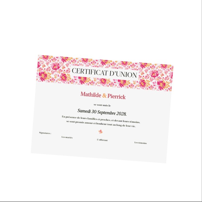 Certificat de mariage laïque, certificat d'union pour mariage Thème Botanique Romantique - Motif Romantic folk - EP2