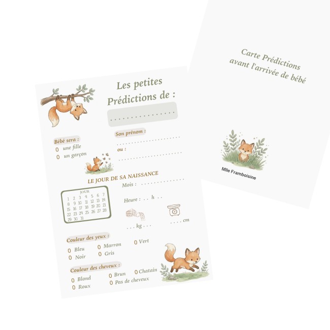 Carte prédiction naissance, Pronostiques, aninmation baby shower et gender reveal - Motif Petit renard - EP2