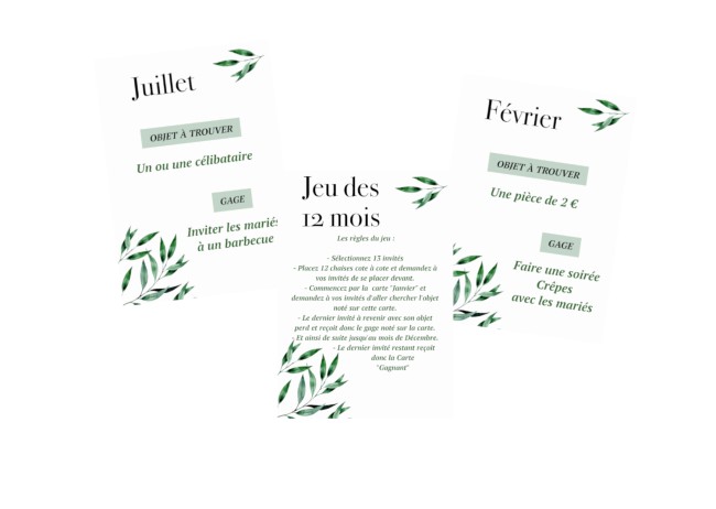 Jeu des 12 mois - Gages mariage, Animation mariage - Mariage provençal motif Olivier - EP7