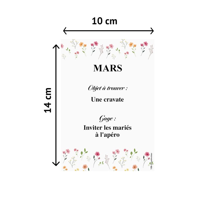 Jeu des 12 mois - Animation mariage Style Nature, Bohème - Gages mariage - Modèle Petites fleurs des champs - EPG