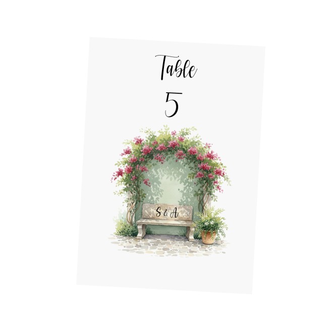 Carte Numéro de table personnalisée pour Mariage ou anniversaire Champêtre romantique - Motif Banc des amoureux - EPF