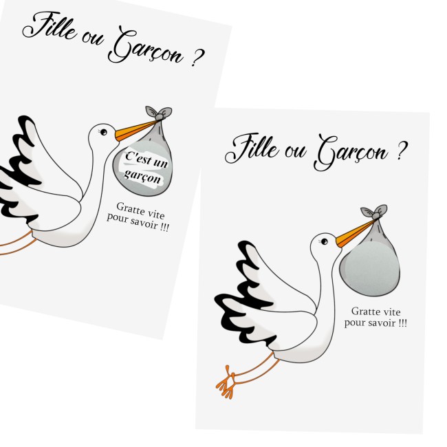 Carte à gratter Annonce grossesse personnalisée - Annonce du sexe de bébé - Cigogne - EP2