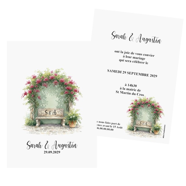 Faire-part de mariage - Carte Invitation - Motif Style aquarelle - Le banc des amoureux _ EP5