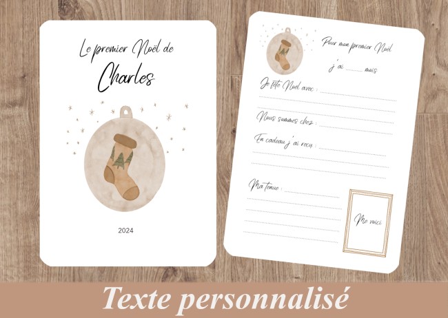 Carte Mon Premier Noël personnalisée - Motif vintage Boule et chaussette de Noël - Souvenir 1er Noël de bébé - EP5