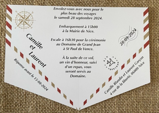 Faire-part, Invitation de Mariage thème voyage/destination - Origami avion - Bordeaux et beige Rose des vents -EPE
