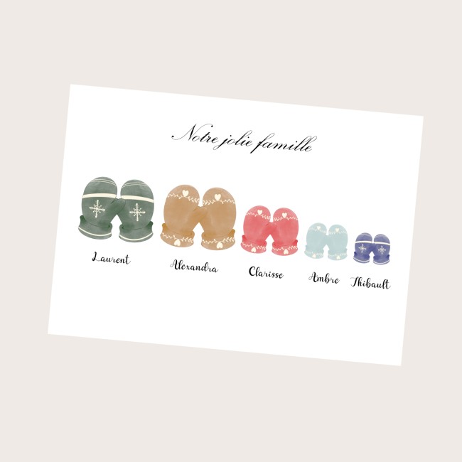 Affiche Famille personnalisée -Décoration de Noël personnalisé -  Cadeau de Noël Motif Aquarelle Moufles - EP5
