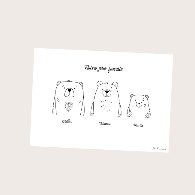 Affiche Famille personnalisée - Famille ours - Décoration murale enfantine minimaliste noir et blanc - Cadeau personnalisé - ep3
