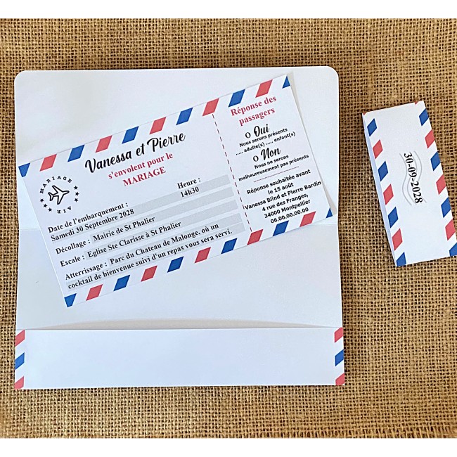 Faire-part, Invitation pour Mariage Thème voyage, Destination - Billet d'avion avec coupon réponse - EPC Faire-part, Invitation pour Mariage Thème voyage, Destination - Billet d'avion avec coupon réponse - EPC