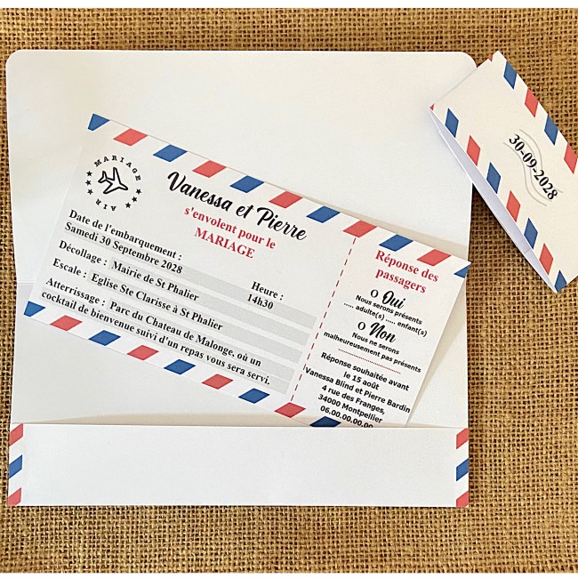 Faire-part, Invitation pour Mariage Thème voyage, Destination - Billet d'avion avec coupon réponse - EPD Faire-part, Invitation pour Mariage Thème voyage, Destination - Billet d'avion avec coupon réponse - EPD