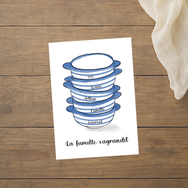 Carte annonce grossesse originale - La famille s'agrandit - Petits bols bretons Rayés Bleu et blanc - EP3