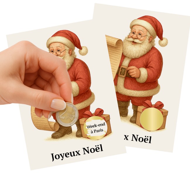 Carte à gratter personnalisée pour message surprise -Cadeau surprise, Voyage surprise - Motif Vintage Père Noël - EPB