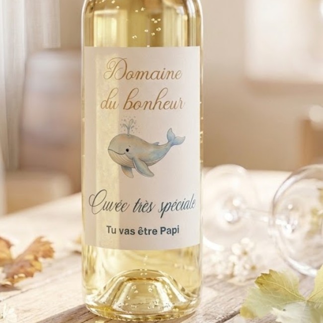 Etiquette autocollante personnalisée pour bouteille - Annonce grossesse / Demande parrain marraine - Baleine -ep3 Etiquette autocollante personnalisée pour bouteille - Annonce grossesse / Demande parrain marraine - Baleine -ep3