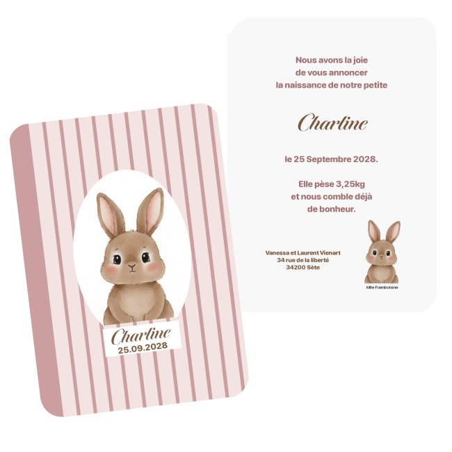 Faire-part de Naissance ou Invitation de Baptême personnalisé - Motif Petit Lapin - EP2 Faire-part de Naissance ou Invitation de Baptême personnalisé - Motif Petit Lapin - EP2