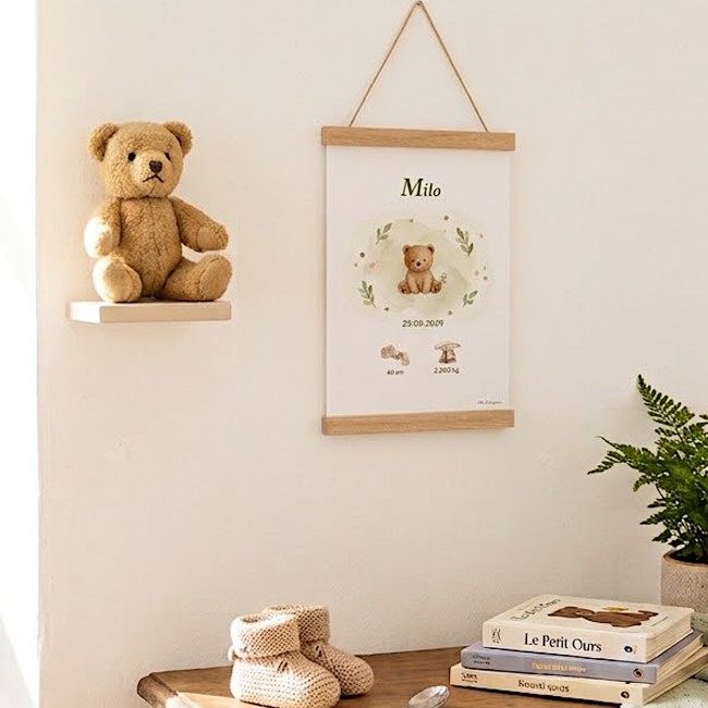 Affiche de Naissance Personnalisée - Ourson – Décoration Chambre Bébé - EP3