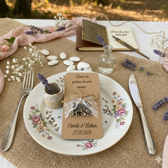 Graines à semer - Cadeaux remerciements invités personnalisés pour Mariage champêtre, bohème - Kraft et dentelle - ep5