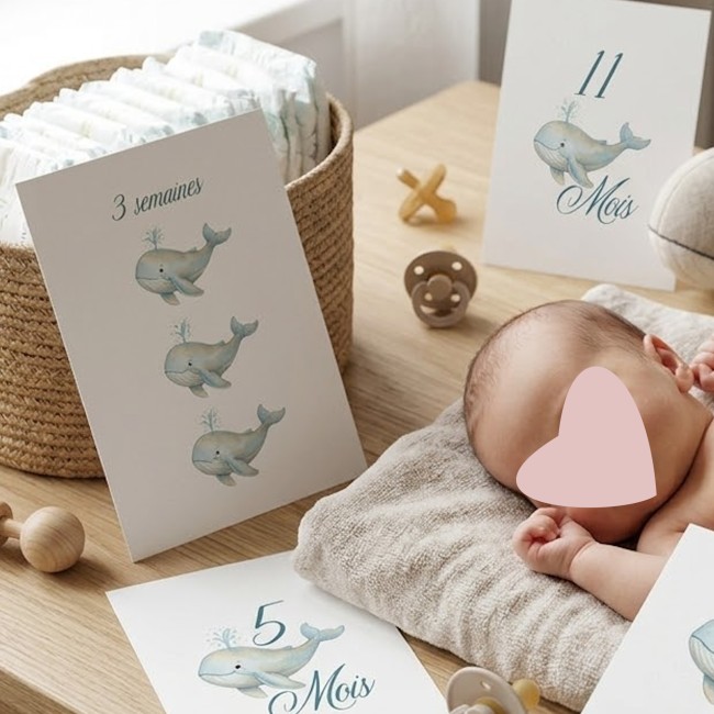 Cartes Etapes bébé - Souvenir photo - 1ère année ou 1ère fois de bébé - Motif Baleine - EPB Cartes Etapes bébé - Souvenir photo - 1ère année ou 1ère fois de bébé - Motif Baleine - EPB