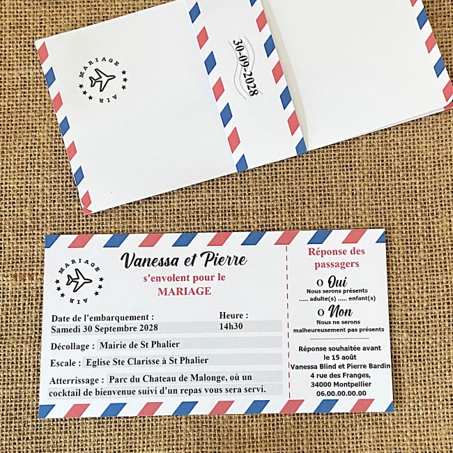 Faire-part, Invitation pour Mariage Thème voyage, Destination - Billet d'avion avec coupon réponse - EPB Faire-part, Invitation pour Mariage Thème voyage, Destination - Billet d'avion avec coupon réponse - EPB