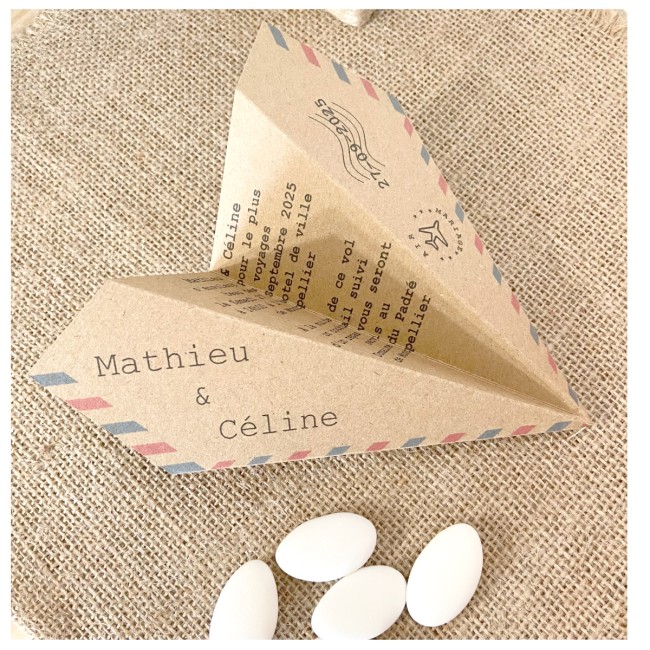 Menu origami avion pour mariage ou anniversaire thème Destination/Voyage, Blanc ou kraft naturel - epk