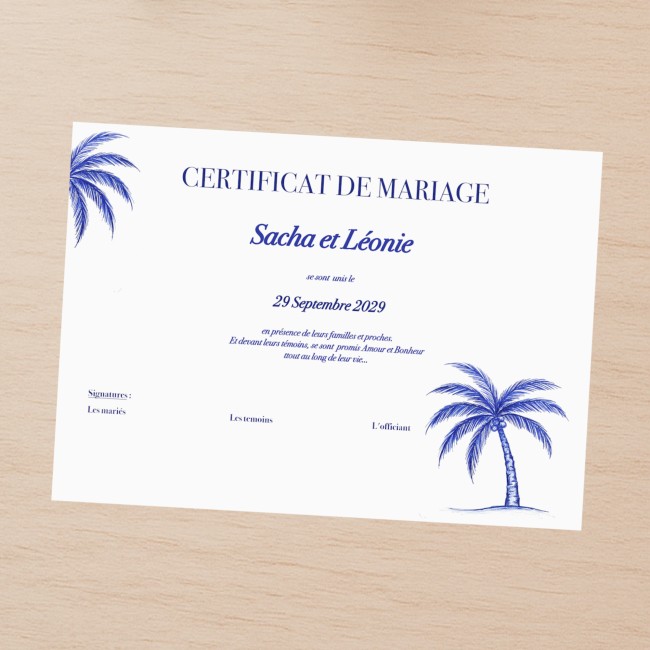 Certificat de mariage ou d'union, cérémonie laïque, mariage Thème Tropical plage, motif palmier bleu -  Chic Azuréen - EPC