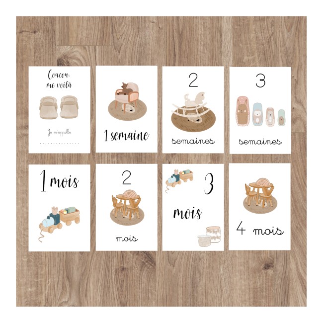 Cartes Etapes bébé - Souvenir photo - 1ère année ou 1ère fois de bébé - Motif enfantin vintage - EPC