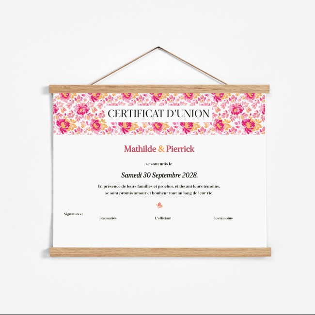 Certificat de mariage laïque, certificat d'union pour mariage Thème Botanique Romantique - Motif Romantic folk - EP1