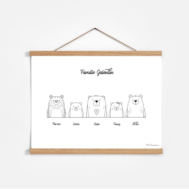 Affiche Famille personnalisée - Famille ours - Décoration murale enfantine minimaliste noir et blanc - Cadeau personnalisé - ep2