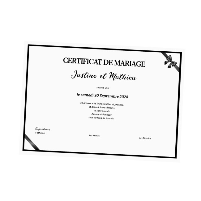 Certificat d'union ou de mariage pour cérémonie Laïque - Motif Petit noeud noir et blanc - EPC