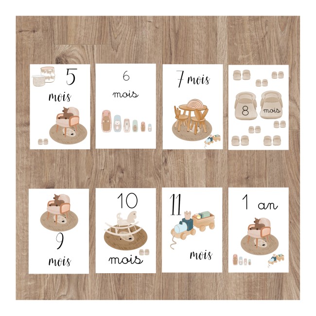 Cartes Etapes bébé - Souvenir photo - 1ère année ou 1ère fois de bébé - Motif enfantin vintage - EPD