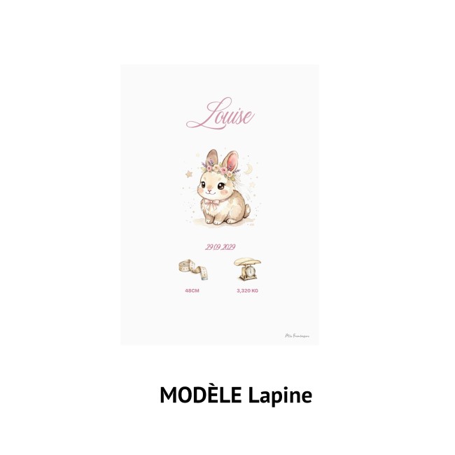 Affiche de Naissance Personnalisée - LAPIN – Décoration Chambre Bébé - EP8