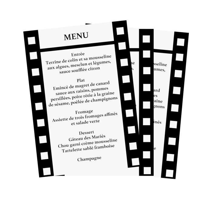 Carte Menu personnalisée pour mariage ou anniversaire - Thème cinéma - Motif négatif photo - EPB