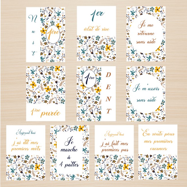 Cartes Etapes bébé pour souvenir photo de la première année ou les premières fois de bébé - Liberty Bleu - EP06