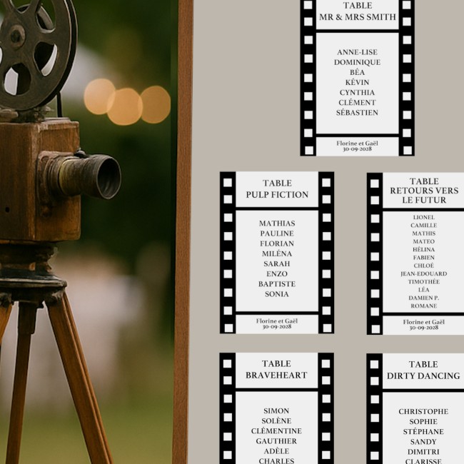Carte Nom de table personnalisée pour mariage ou anniversaire - Thème cinéma - Titre de film -EPB Carte Nom de table personnalisée pour mariage ou anniversaire - Thème cinéma - Titre de film -EPB