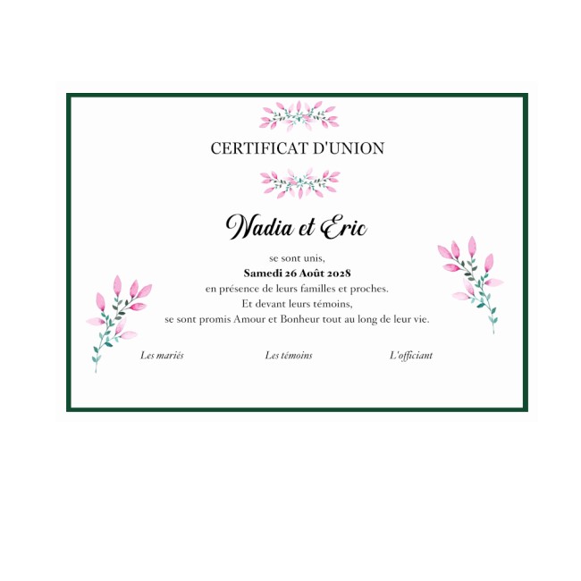Certificat de mariage ou d'union personnalisé - cérémonie Laïque - mariage champêtre - Modèle Romance fleurie - epb