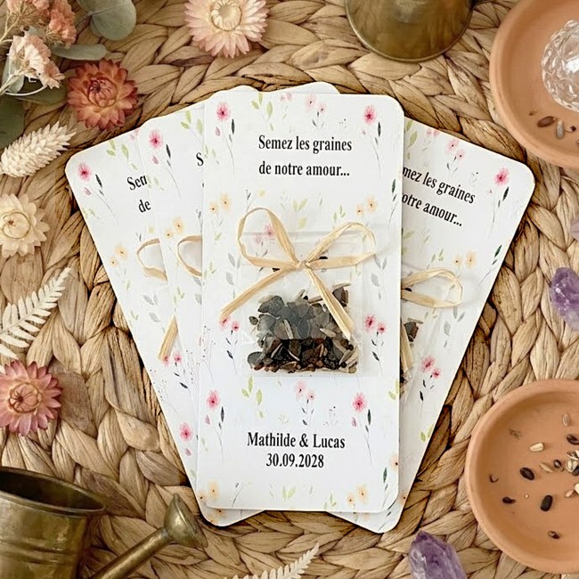 Graines à semer pour cadeaux invités personnalisés - Remerciement Mariage bohème, Champêtre - Motif Petites fleurs des champs _ EPC