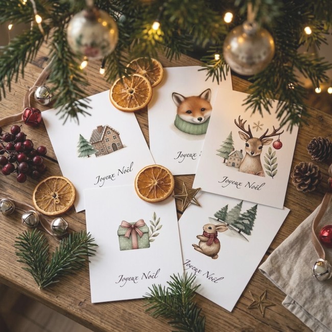 Carte Joyeux Noël - Carte de voeux aux motifs vintages - Style aquarelle - EP7