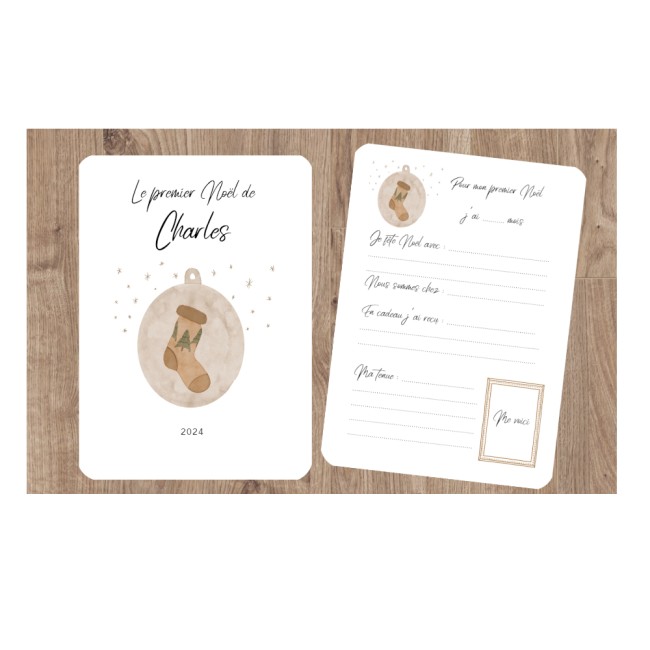 Carte Mon Premier Noël personnalisée - Motif vintage Boule et chaussette de Noël - Souvenir 1er Noël de bébé - EP4