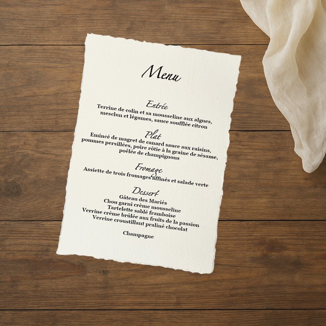 Menu mariage - Carte personnalisée pour mariage - Papier Texturé -...