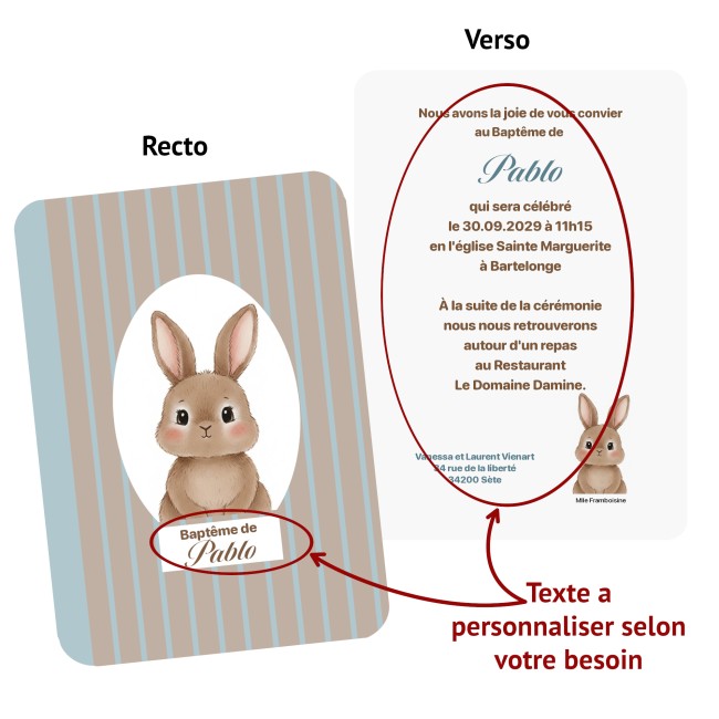 Faire-part de Naissance ou Invitation de Baptême personnalisé - Motif Petit Lapin - EP4 Faire-part de Naissance ou Invitation de Baptême personnalisé - Motif Petit Lapin - EP4