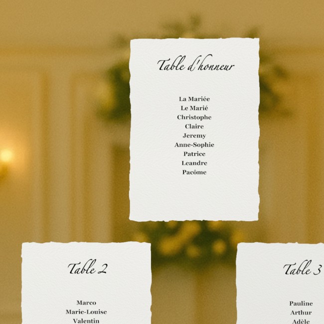 Carte Plan de table personnalisée pour mariage chic et élégant en Papier Texturé et Contours effet déchiré - EP5