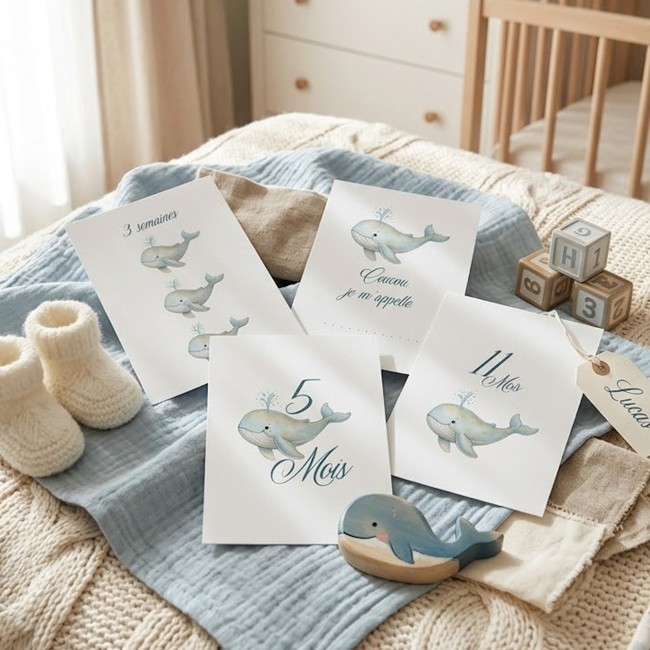 Cartes Etapes bébé - Souvenir photo - 1ère année ou 1ère fois de bébé - Motif Baleine - EPA Cartes Etapes bébé - Souvenir photo - 1ère année ou 1ère fois de bébé - Motif Baleine - EPA