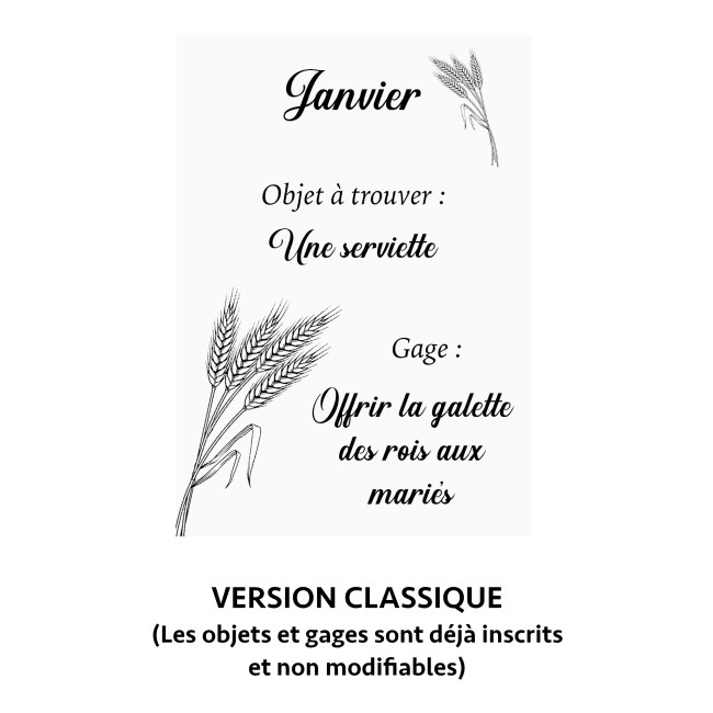 Jeu des 12 mois - Animation mariage - Motif noir et blanc Epi de blé - EP5