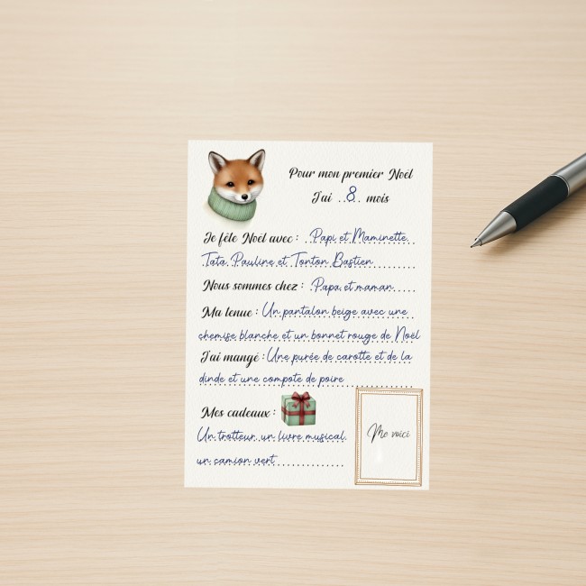 Carte Mon Premier Noël personnalisée - Motif Petit Renard- Souvenir 1er Noël de bébé - EP4 Carte Mon Premier Noël personnalisée - Motif Petit Renard- Souvenir 1er Noël de bébé - EP4