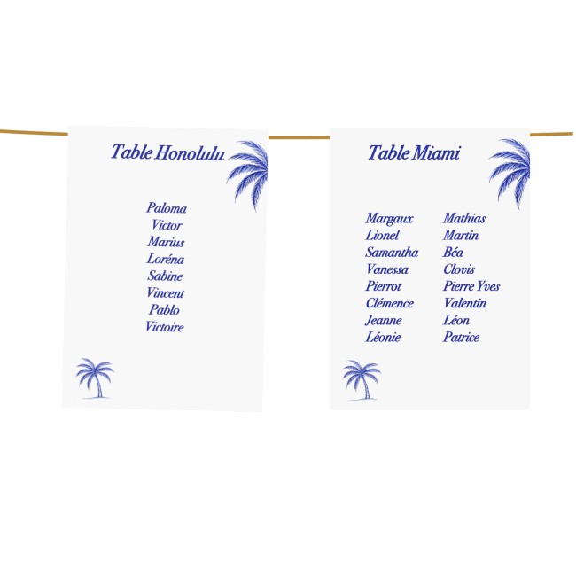 Carte plan de table personnalisée - Décoration Mariage ou anniversaire thème plage et tropiques - Palmier bleu - EP1