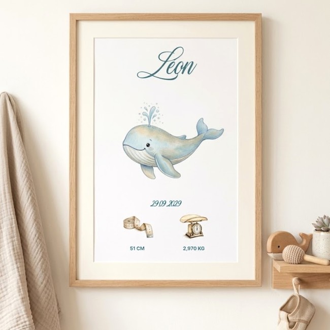 Affiche de Naissance Personnalisée - Baleine – Décoration Chambre Bébé - EP1 Affiche de Naissance Personnalisée - Baleine – Décoration Chambre Bébé - EP1