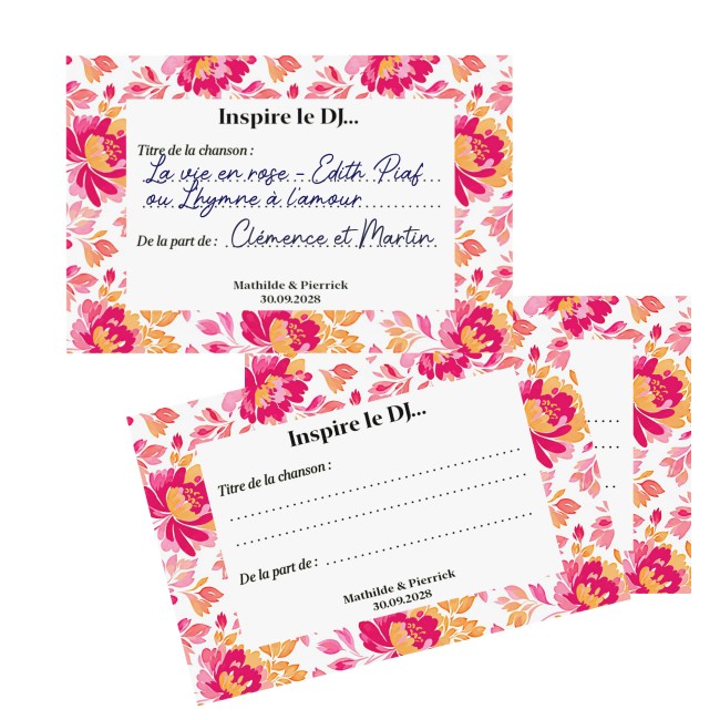 Dédicaces chansons aux marié(e)s - lot de 10 Cartes personnalisées - Animation mariage ou anniversaire thème Botanique Romantique- EPB