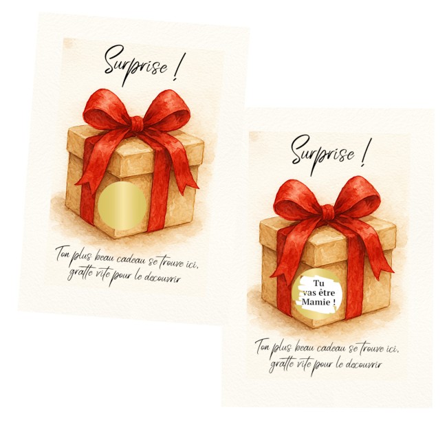 Carte à gratter personnalisée pour message surprise - Annonce surprise - Motif Cadeau de Noël style aquarelle - ep8