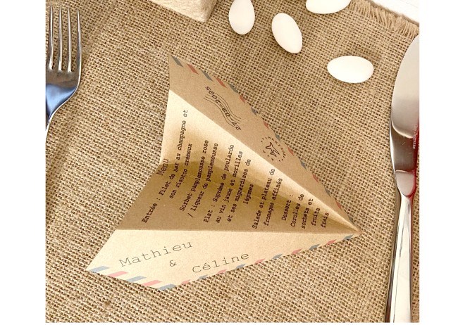 Menu origami avion pour mariage ou anniversaire thème Destination/Voyage, Blanc ou kraft naturel - epi